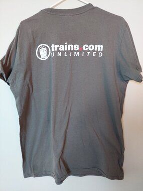 Gildan grey graphic t-shirt featuring the "Trains.com Unlimited" logo on the ch